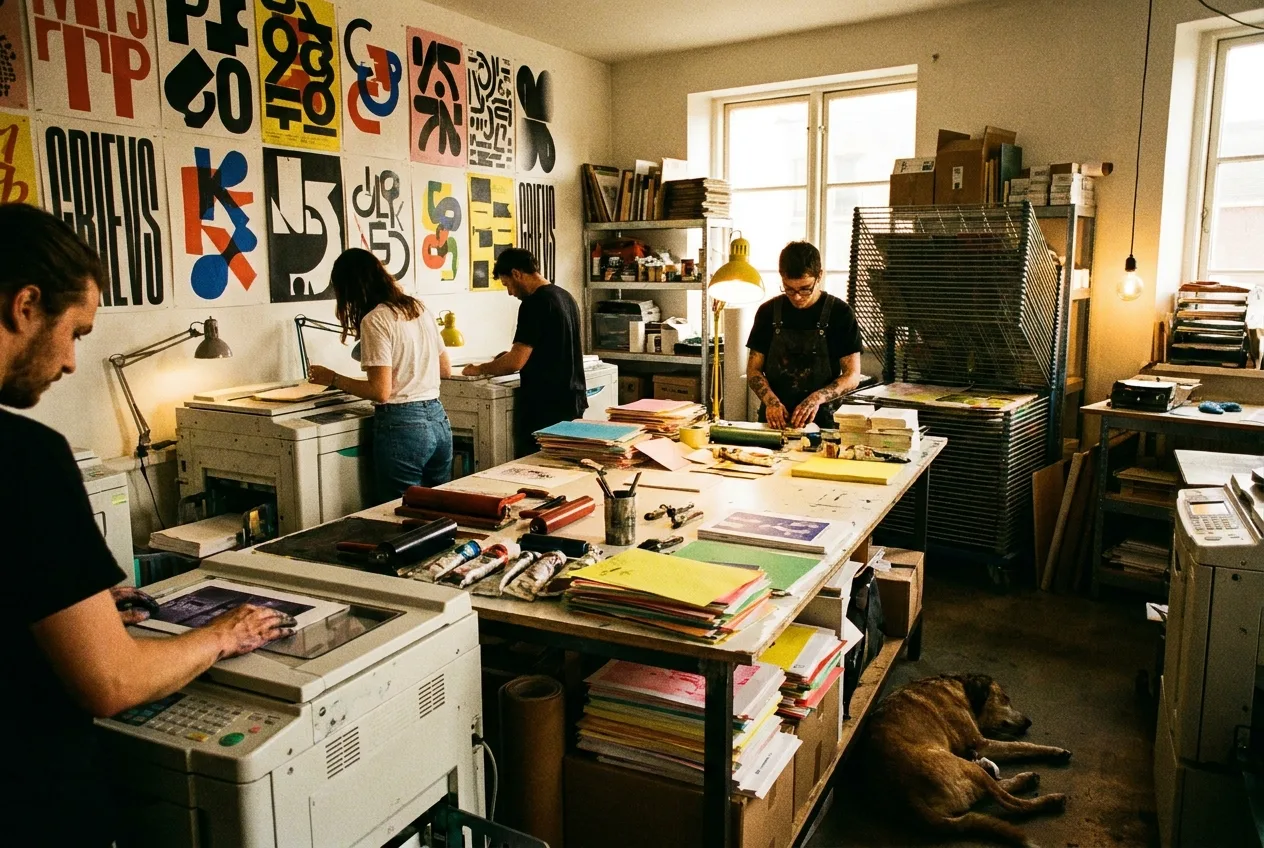 獨立 risograph 印刷工作室,牆上貼滿粗體海報