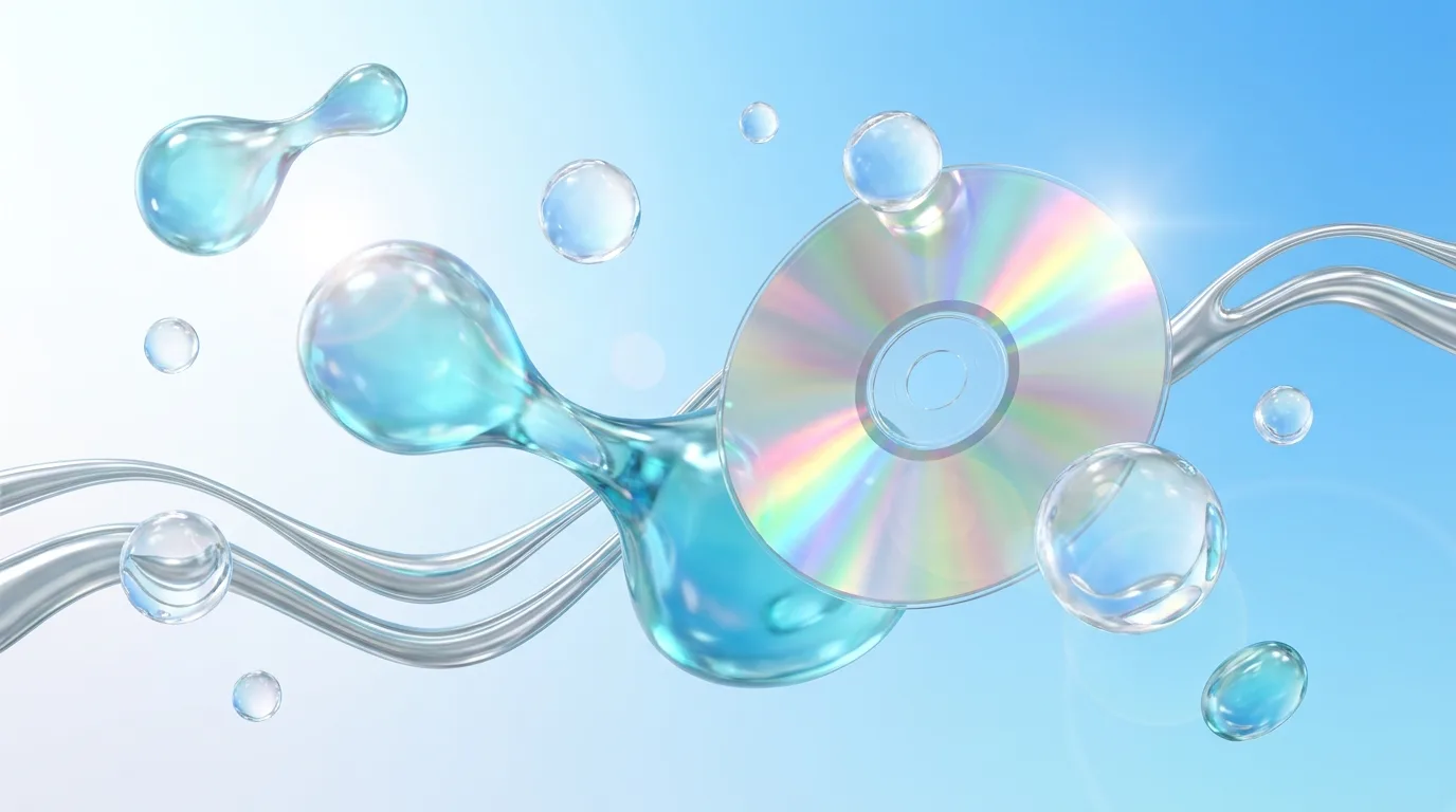 超頻 HYPERWAVE 的 Y2K 風格主視覺：漂浮的水藍色光澤造型、全像光碟與液態聲波
