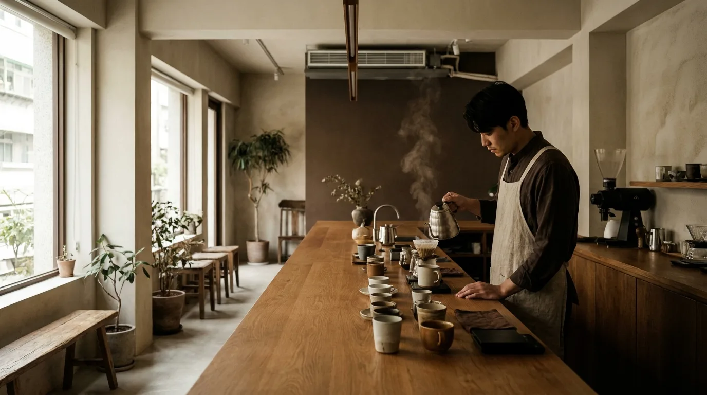木序咖啡館內,咖啡師正以手沖壺緩緩注水