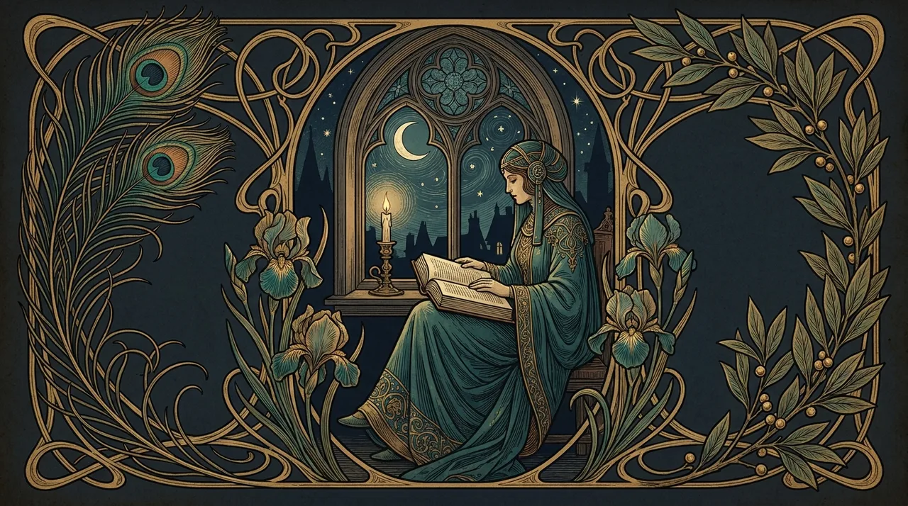 新藝術風格插畫:深夜獨自在燭光下閱讀書寫的身影