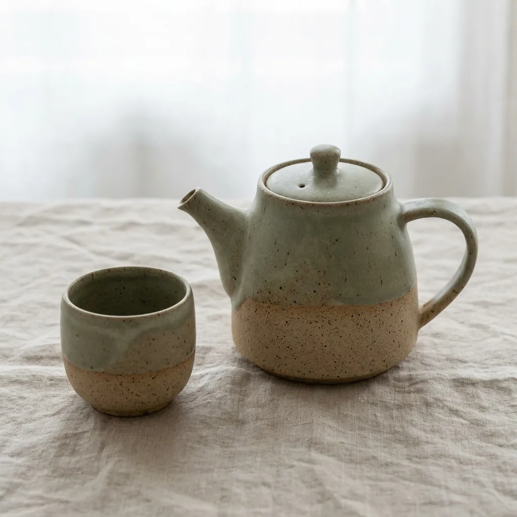 山嵐茶組，灰綠灰釉柴燒茶壺與對杯