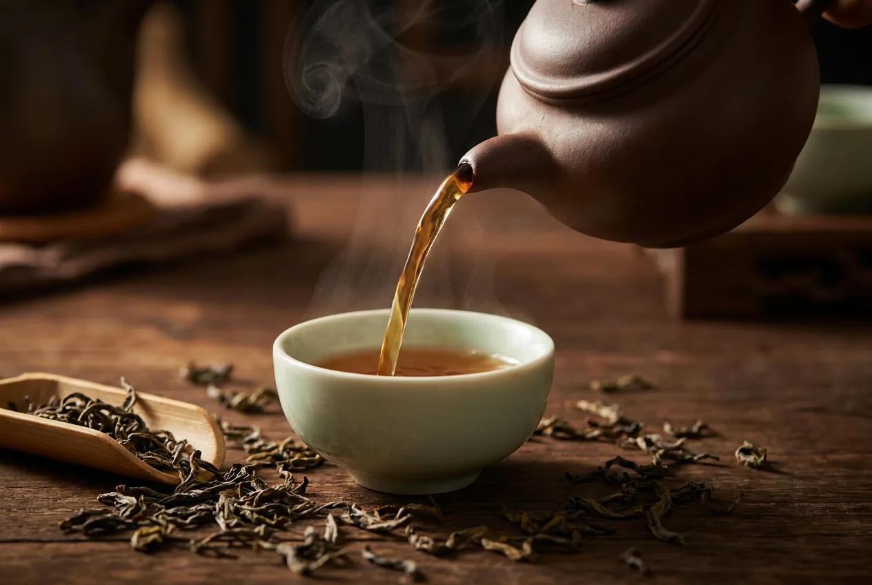 金黃高山烏龍茶湯自陶壺注入青瓷杯，蒸氣裊裊