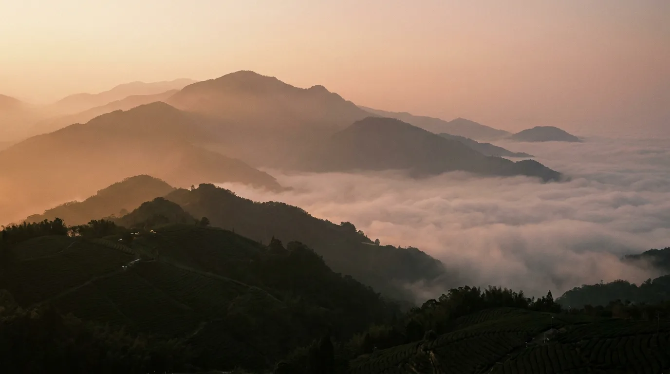 黃昏時分層疊的高山稜線與雲海，暖琥珀色天空