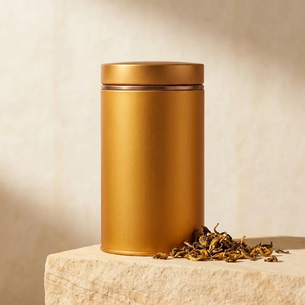 阿里山金萱茶罐，暖金霧面金屬罐